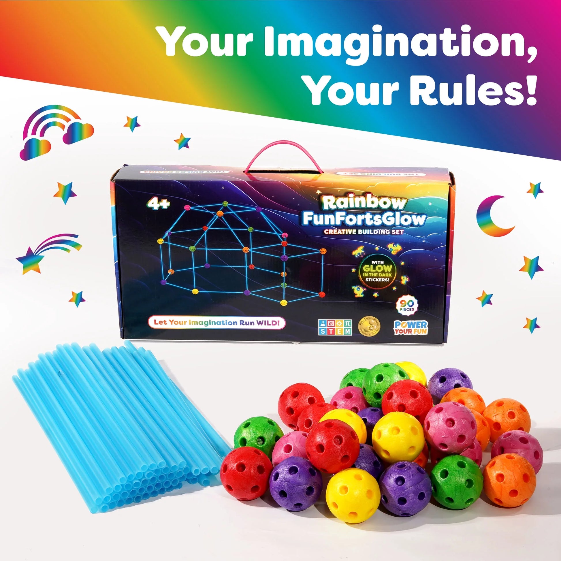 Forts Construction 90 Pieces Set, Glow in the Dark Building Set with Stickers, Kids Toy for Ages 4+